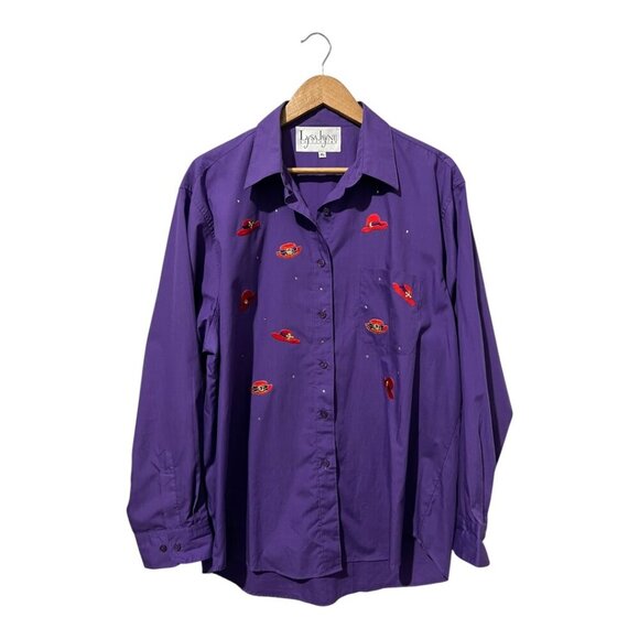 Lysa Jane Collection Button Up Down Shirt Hat Appliques XL Women's Purple Cotton - Picture 1 of 6